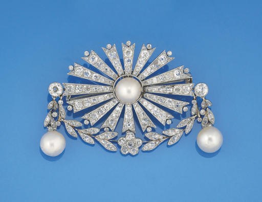 A Belle Epoque diamond and cultured pearl brooch