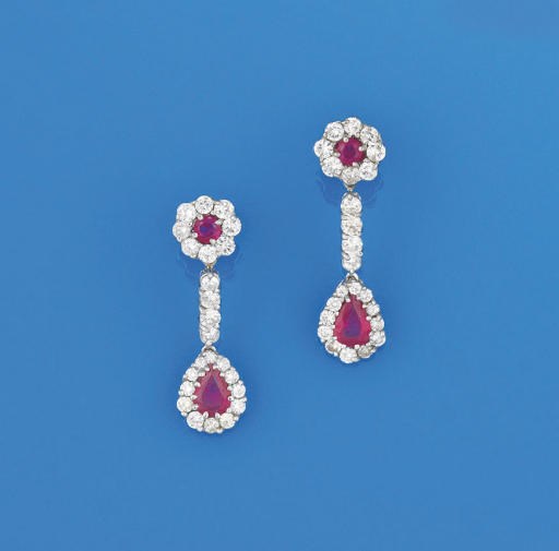 A pair of ruby and diamond earpendants