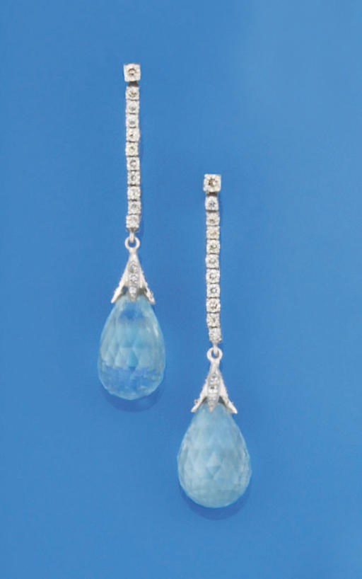 A pair of aquamarine and diamond earpendants