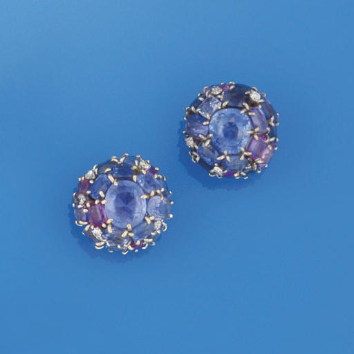A pair of vari-coloured sapphire earclips