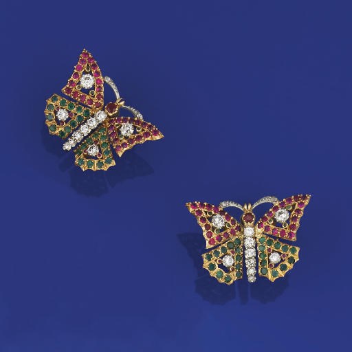 A pair of diamond, emerald and ruby butterfly earstuds