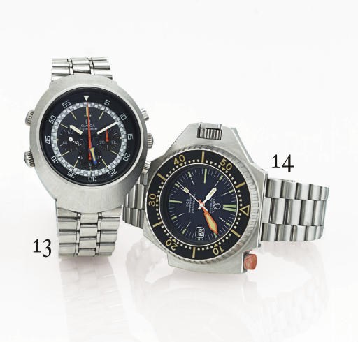 OMEGA. A RARE AND UNUSUAL MASSIVE STAINLESS STEEL AUTOMATIC WRISTWATCH WITH CENTER SECONDS, DATE AND BRACELET