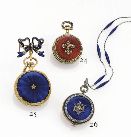 PATEK PHILIPPE.  A LADY'S 18K GOLD, ENAMEL AND DIAMOND OPENFACE KEYLESS LEVER PENDANT WATCH