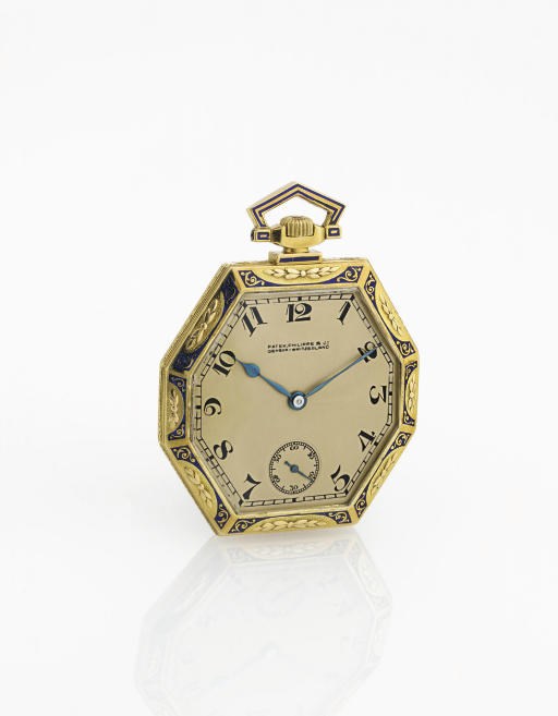 PATEK PHILIPPE. A RARE 18K GOLD AND ENAMEL OPENFACE OCTAGONAL KEYLESS LEVER DRESS WATCH