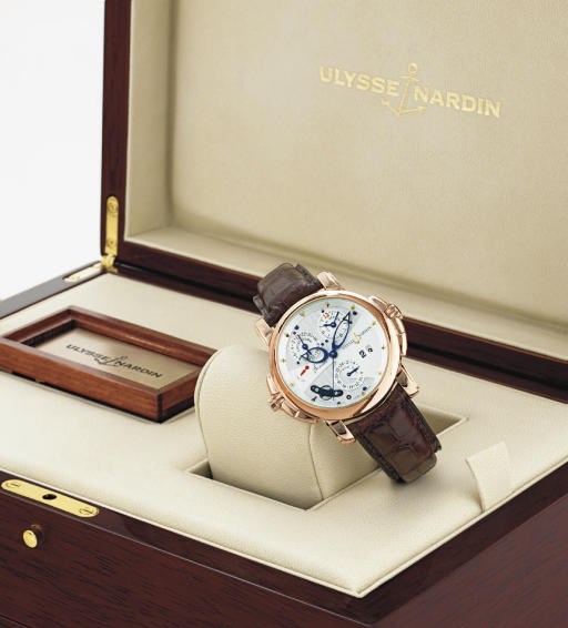 ULYSSE NARDIN.  A FINE AND UNUSUAL LARGE 18K PINK GOLD AUTOMATIC DUAL TIME ALARM WRISTWATCH WITH DATE, CENTER SECONDS AND COUNTDOWN INDICATOR