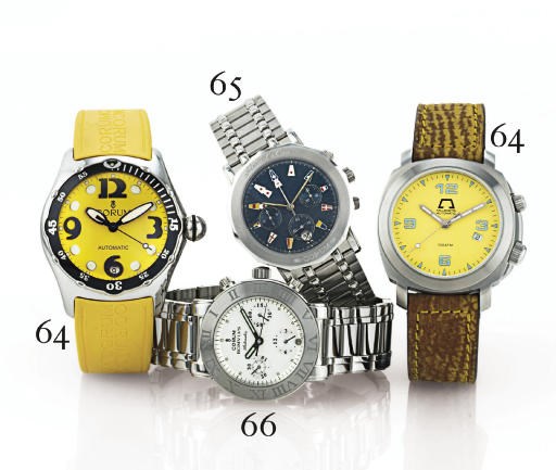 A GROUP OF TWO OVERSIZED STAINLESS STEEL AUTOMATIC WRISTWATCHES WITH CENTER SECONDS, DATE AND YELLOW DIALS