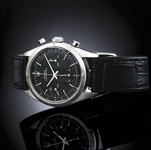 ROLEX. A FINE AND RARE STAINLESS STEEL CHRONOGRAPH WRISTWATCH WITH BLACK DIAL