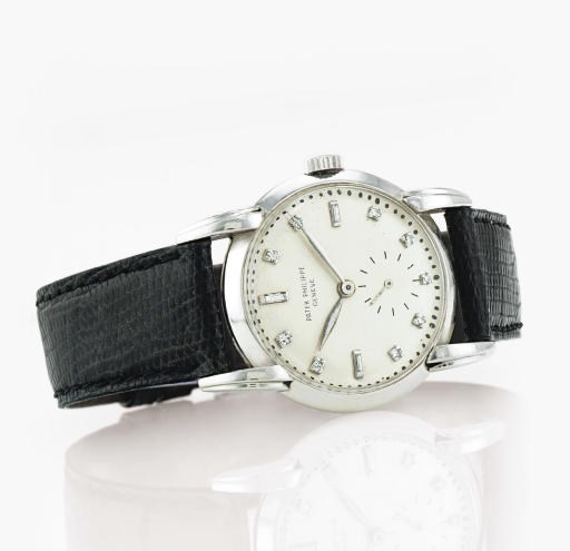 PATEK PHILIPPE. A FINE AND RARE PLATINUM AND DIAMOND WRISTWATCH WITH UNUSUAL LUGS
