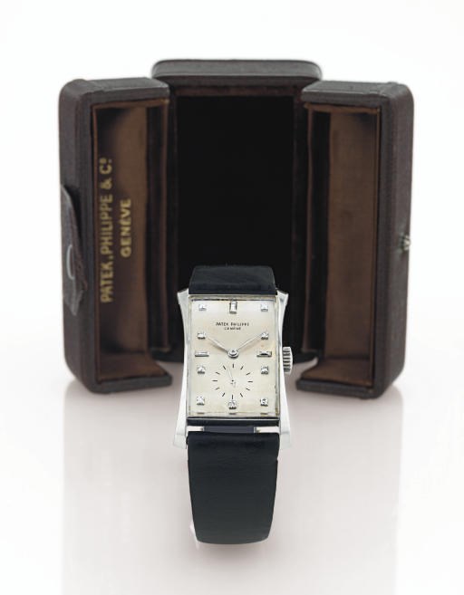 PATEK PHILIPPE.  A FINE AND RARE PLATINUM AND DIAMOND RECTANGULAR WRISTWATCH
