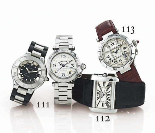 CARTIER.  A GROUP OF TWO STAINLESS STEEL AUTOMATIC WRISTWATCHES WITH CENTER SECONDS AND DATE