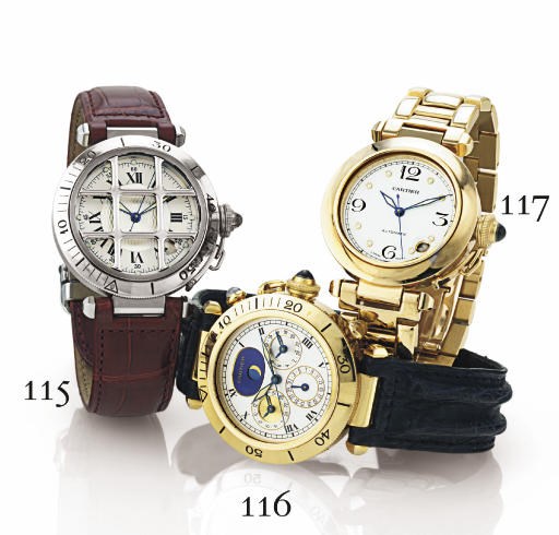 CARTIER. AN 18K GOLD TRIPLE TIME ZONE WRISTWATCH WITH CENTER SECONDS, DATE AND MOON PHASES