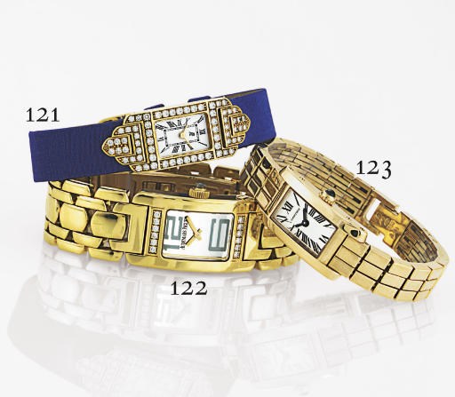 AUDEMARS PIGUET.  A LADY'S 18K GOLD AND DIAMOND RECTANGULAR WRISTWATCH