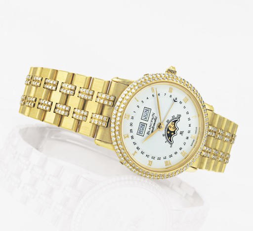 BLANCPAIN. A FINE 18K GOLD AND DIAMOND AUTOMATIC TRIPLE CALENDAR WRISTWATCH WITH MOON PHASES AND BRACELET
