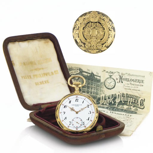 PATEK PHILIPPE.  A RARE 18K GOLD AND ENAMEL OPENFACE KEYLESS LEVER POCKET WATCH