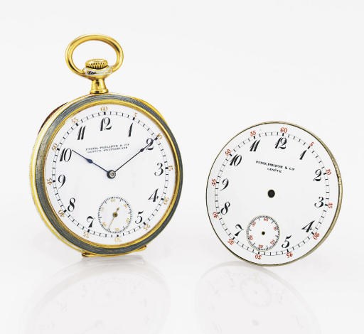 PATEK PHILIPPE.  AN 18K GOLD AND ENAMEL OPENFACE KEYLESS LEVER DRESS WATCH WITH ADDITIONAL ENAMEL DIAL