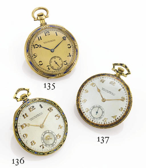 PATEK PHILIPPE.  AN 18K GOLD AND ENAMEL OPENFACE KEYLESS LEVER DRESS WATCH