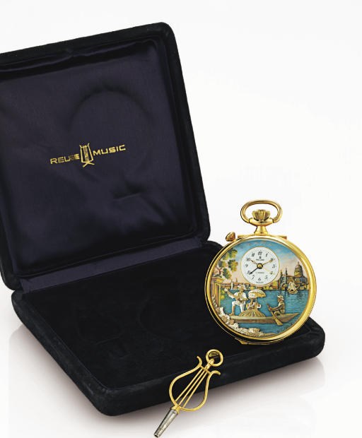REUGE. A GOLD-PLATED OPENFACE KEYLESS LEVER WATCH WITH ALARM, CENTER SECONDS AND MUSICAL AUTOMATON