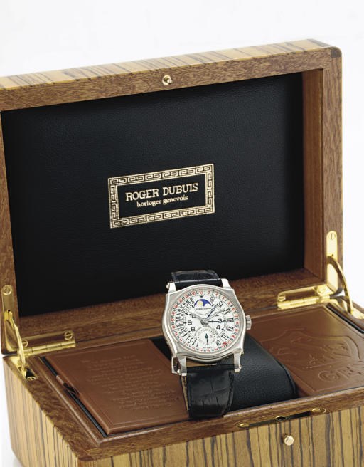 ROGER DUBUIS. A LIMITED EDITION 18K WHITE GOLD SHAPED SQUARE AUTOMATIC BI-RETROGRADE PERPETUAL CALENDAR WRISTWATCH WITH MOON PHASES