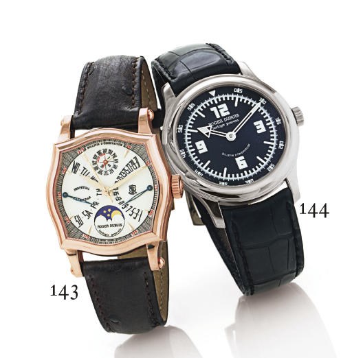 ROGER DUBUIS. AN 18K PINK GOLD SHAPED SQUARE AUTOMATIC BI-RETROGRADE PERPETUAL CALENDAR WRISTWATCH WITH MOON PHASES