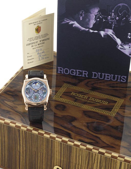 ROGER DUBUIS. A FINE AND RARE LIMITED EDITION 18K PINK GOLD AND MOTHER-OF-PEARL SHAPED SQUARE PERPETUAL CALENDAR TOURBILLON WRISTWATCH WITH MOON PHASES
