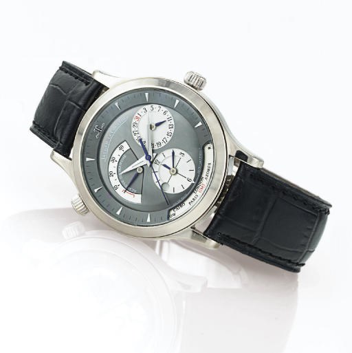 JAEGER-LECOULTRE. AN 18K WHITE GOLD AUTOMATIC DUAL TIME WRISTWATCH WITH CENTER SECONDS, DATE, POWER RESERVE AND WORLD TIME