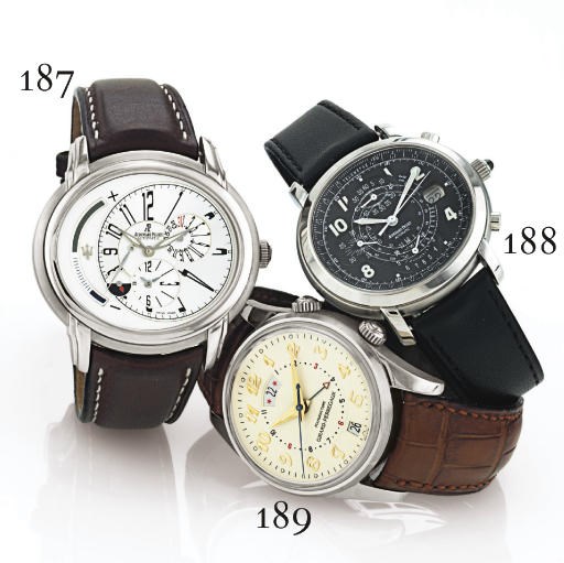 GIRARD-PERREGAUX. AN 18K WHITE GOLD AUTOMATIC DUAL TIME WRISTWATCH WITH ALARM, CENTER SECONDS AND DATE