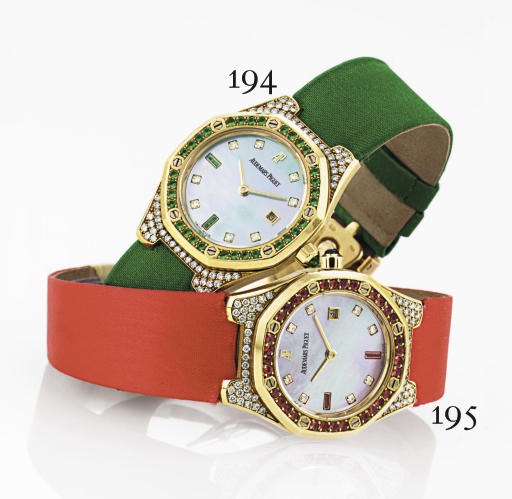AUDEMARS PIGUET. A LADY'S 18K GOLD, RUBY, DIAMOND AND MOTHER-OF-PEARL WRISTWATCH WITH DATE