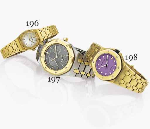 AUDEMARS PIGUET.  A STAINLESS STEEL AND GOLD AUTOMATIC DUAL TIME BRACELET WATCH WITH DATE AND POWER RESERVE