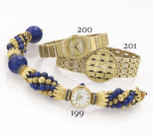 MOVADO. A LADY'S RARE 18K GOLD, LAPIS LAZULI AND SAPPHIRE BRACELET WATCH