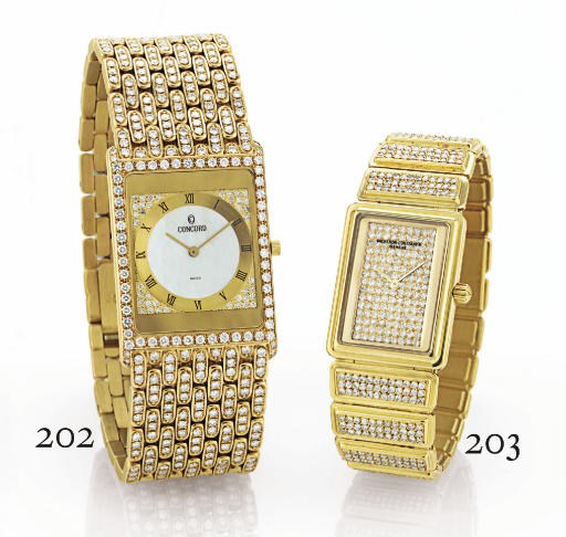 CONCORD. AN 18K GOLD, DIAMOND AND MOTHER-OF-PEARL RECTANGULAR ULTRA-THIN WRISTWATCH WITH BRACELET