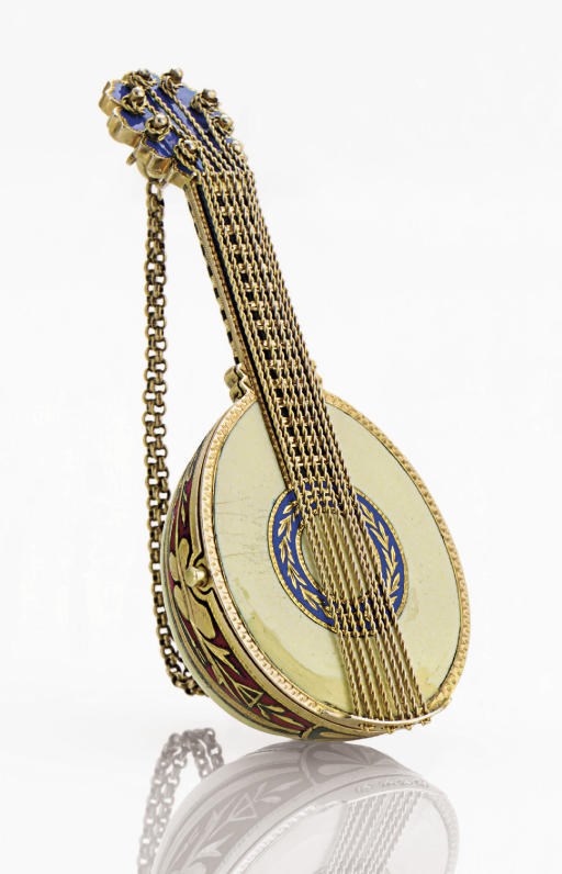 ROULET. AN 18K PINK GOLD AND ENAMEL MANDOLIN-FORM WATCH WITH CONCEALED DIAL