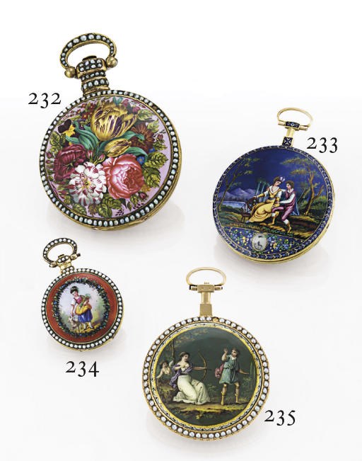 DIMIER. A GILT-METAL, ENAMEL AND PEARL OPENFACE KEYWIND DUPLEX POCKET WATCH