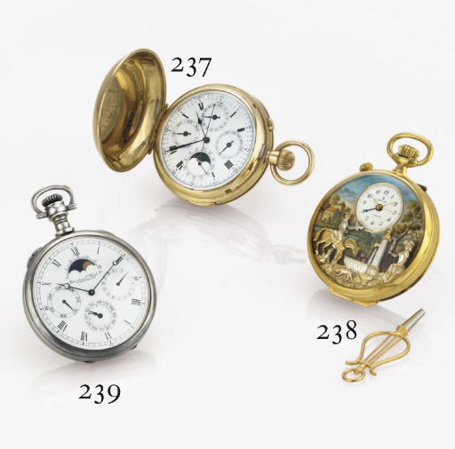 SWISS. A 9K HUNTER CASE QUARTER REPEATING TRIPLE CALENDAR CHRONOGRAPH KEYLESS LEVER POCKET WATCH WITH MOON PHASES
