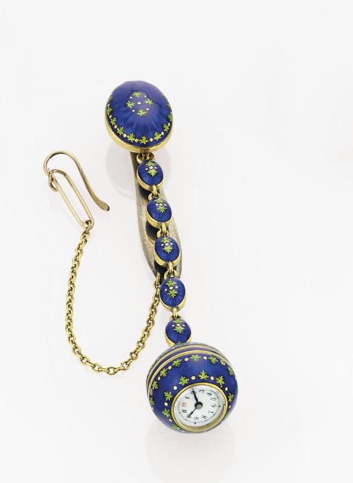SWISS. AN 18K GOLD AND ENAMEL BALL-FORM CYLINDER WATCH WITH MATCHING CHATELAINE