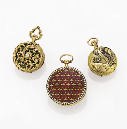 A GROUP OF THREE GOLD AND ENAMEL OPENFACE POCKET WATCHES