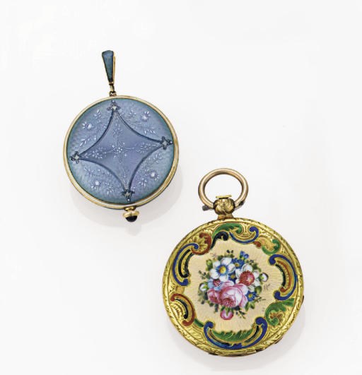 A PAIR OF GOLD AND ENAMEL OPENFACE POCKET WATCHES