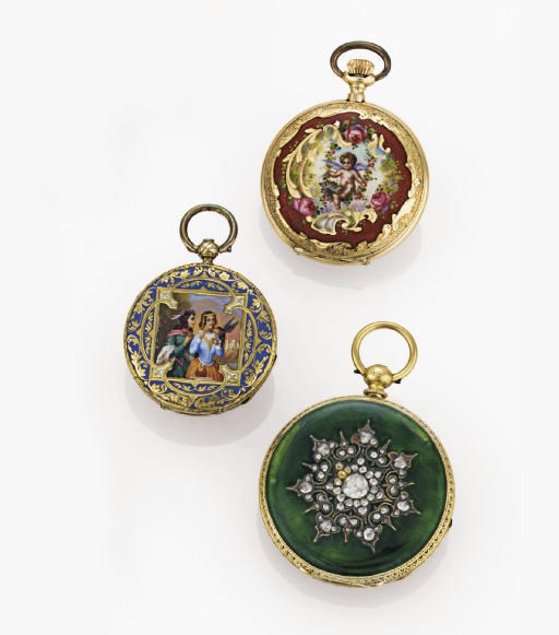 A GROUP OF THREE GOLD AND ENAMEL POCKET WATCHES