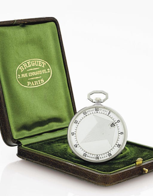 BREGUET. A FINE AND RARE 18K WHITE GOLD JUMPING AND WANDERING HOUR OPENFACE KEYLESS LEVER DRESS WATCH WITH ORIGINAL PRESENTATION BOX