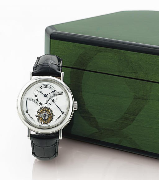 BREGUET.  A FINE AND RARE PLATINUM TOURBILLON WRISTWATCH WITH POWER RESERVE AND RETROGRADE 24 HOUR INDICATION