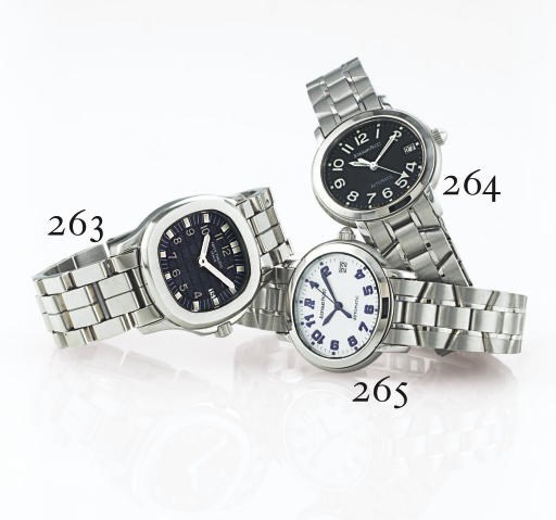 PATEK PHILIPPE.  A LADY'S STAINLESS STEEL CUSHION WRISTWATCH WITH DATE AND BRACELET
