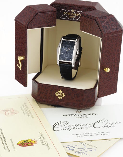 PATEK PHILIPPE.  A RARE LIMITED EDITION 18K WHITE GOLD RECTANGULAR 10-DAY WRISTWATCH WITH POWER RESERVE