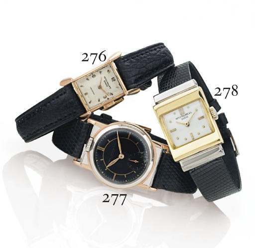 PATEK PHILIPPE. A RARE 18K TWO-COLOR GOLD WRISTWATCH WITH BLACK DIAL