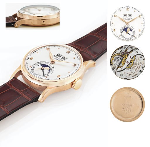 PATEK PHILIPPE. A FINE AND EXTREMELY RARE 18K PINK GOLD PERPETUAL CALENDAR WRISTWATCH WITH MOON PHASES