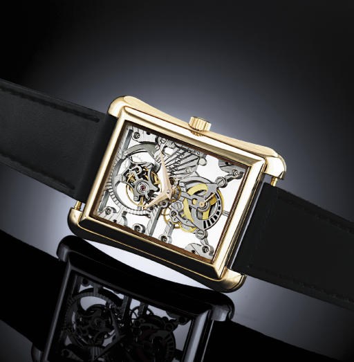 PIAGET.  A FINE AND RARE 18K PINK GOLD RECTANGULAR SKELETONIZED TOURBILLON RECTANGULAR WRISTWATCH WITH POWER RESERVE