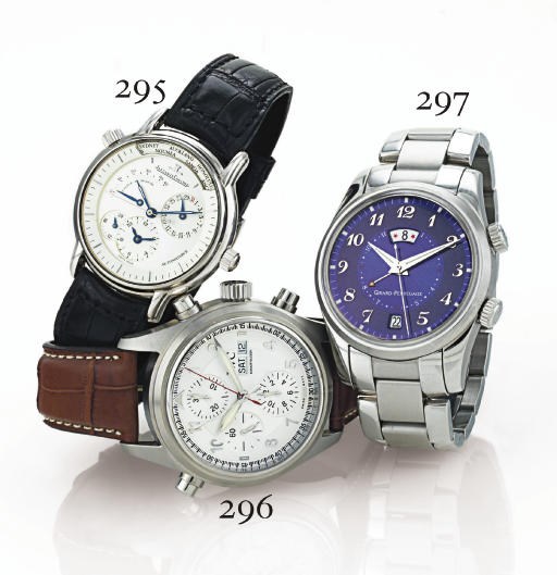 GIRARD-PERREGAUX. A STAINLESS STEEL AUTOMATIC DUAL TIME WRISTWATCH WITH ALARM, CENTER SECONDS AND DATE