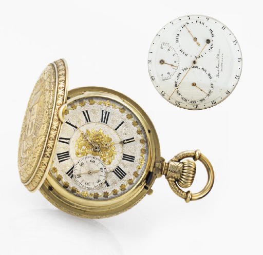 PICARD FRERES & F. RUSSER. A FINE 18K GOLD HUNTER CASE DOUBLE DIAL TRIPLE CALENDAR CHRONOGRAPH KEYLESS LEVER POCKET WATCH