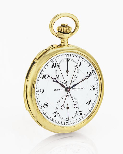 GRUEN.  A RARE 18K GOLD OPENFACE MINUTE REPEATING SPLIT SECOND CHRONOGRAPH KEYLESS LEVER POCKET WATCH