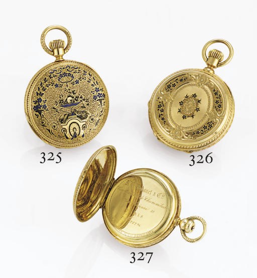 PATEK PHILIPPE. AN EARLY 18K GOLD AND ENAMEL HUNTER CASE KEYLESS LEVER POCKET WATCH
