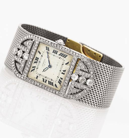 CARTIER. A LADY'S FINE AND RARE 18K TWO-COLOR GOLD AND DIAMOND SQUARE WRISTWATCH WITH BRACELET