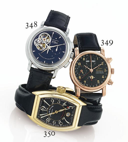 OSCAR WALDAN. AN 18K PINK GOLD AUTOMATIC TRIPLE CALENDAR CHRONOGRAPH WRISTWATCH WITH MOON PHASES